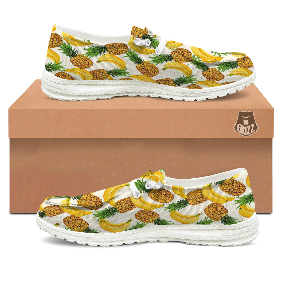 Pineapple Banana Print Pattern White Loafers-grizzshop