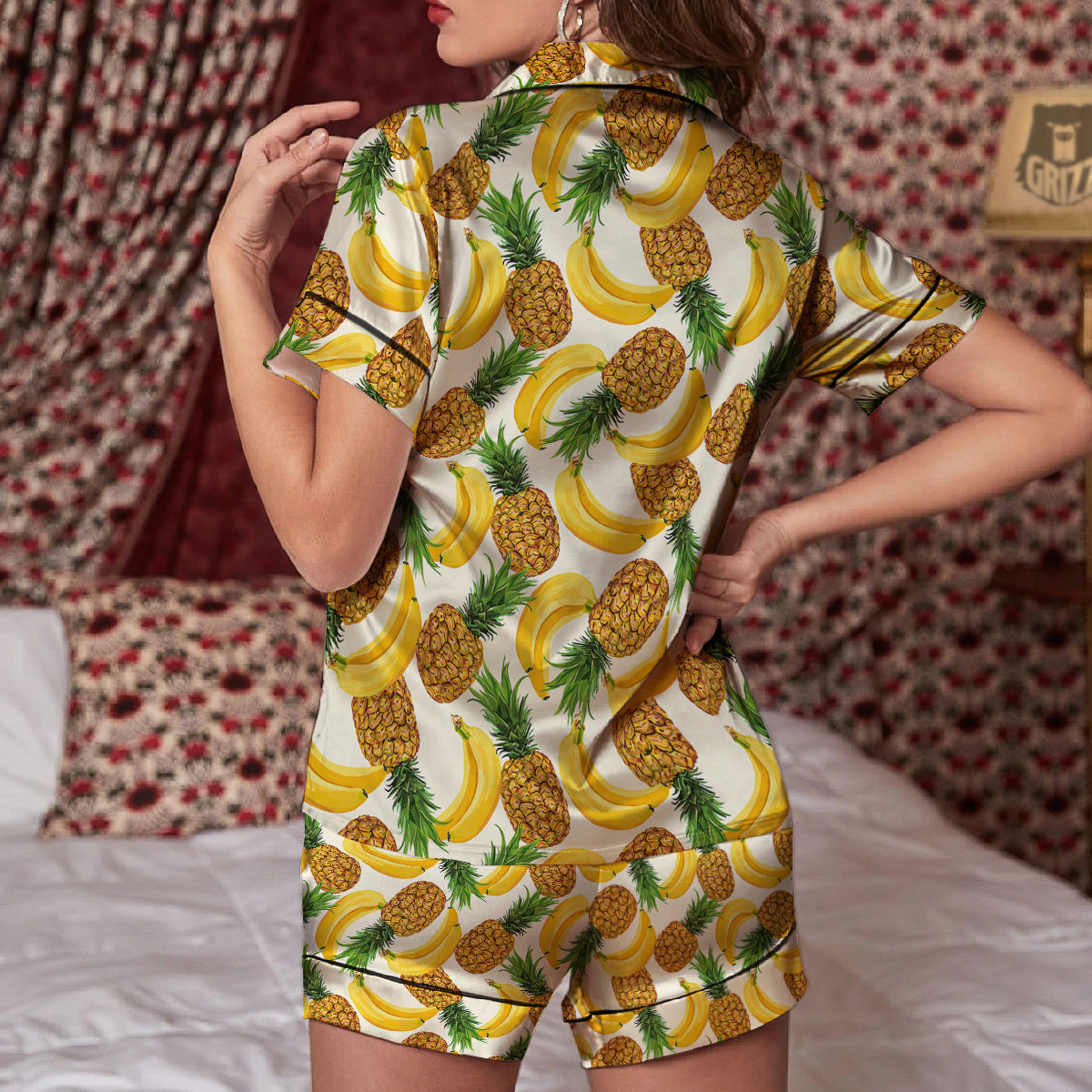Pineapple Banana Print Pattern Women Silk Pajamas-grizzshop