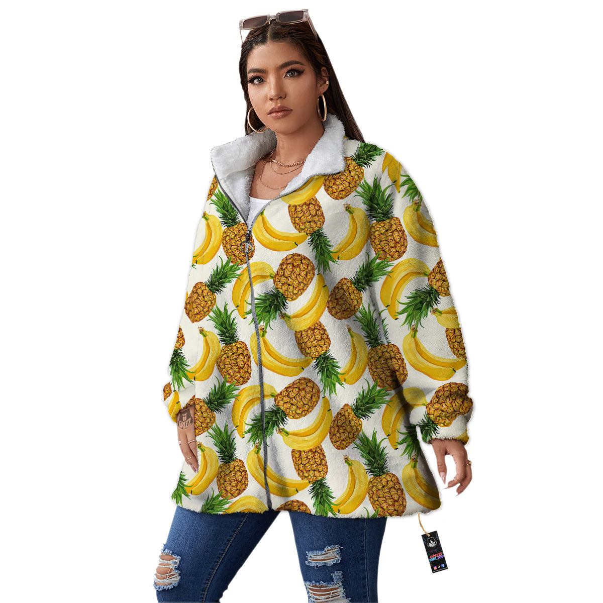 Pineapple Banana Print Pattern Women's Sherpa Jacket-grizzshop