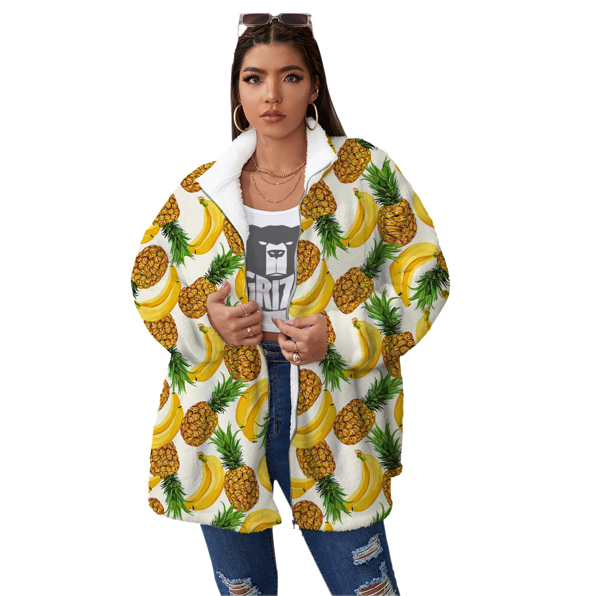 Pineapple Banana Print Pattern Women's Sherpa Jacket-grizzshop