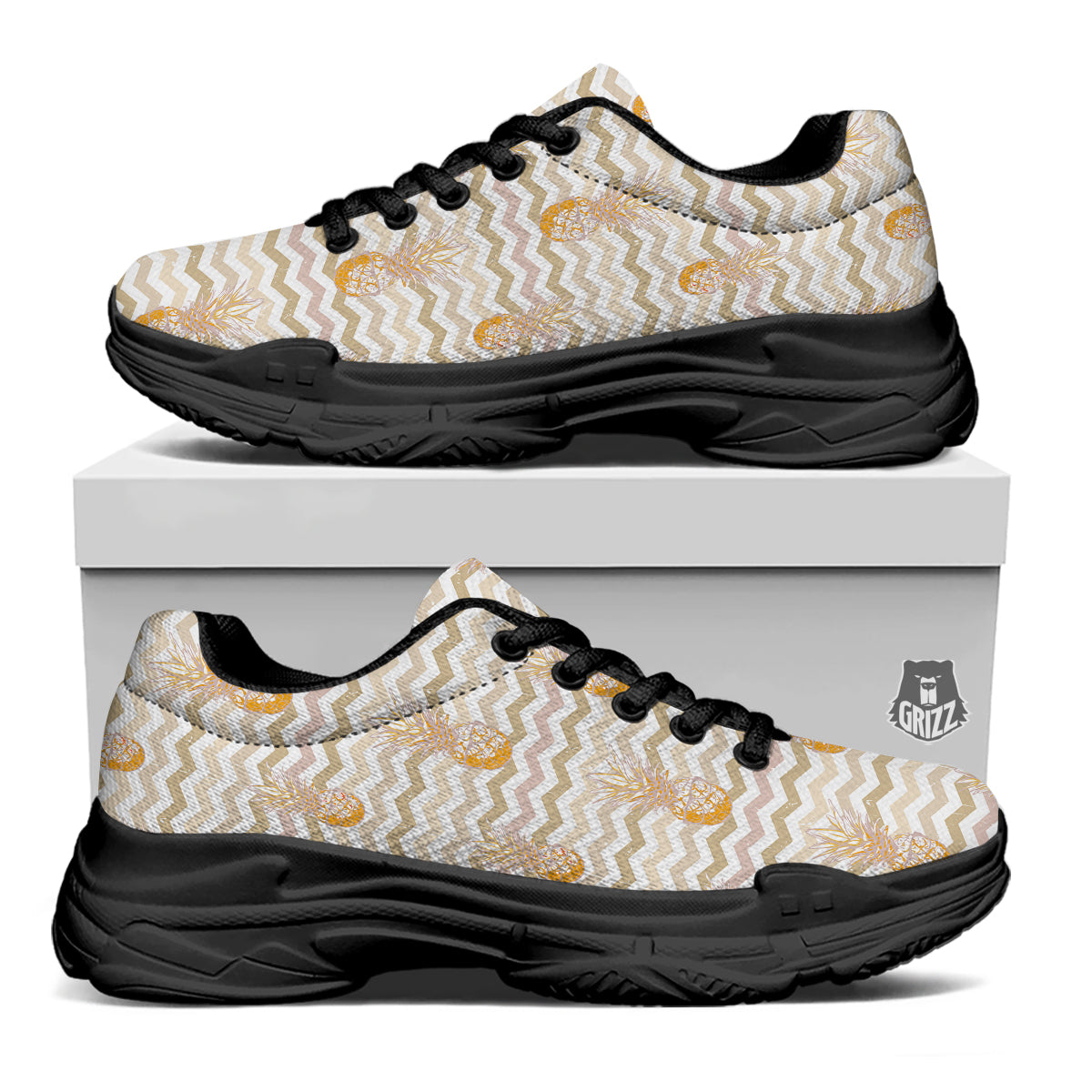Pineapple Beige Zig Zag Print Pattern Black Chunky Shoes-grizzshop