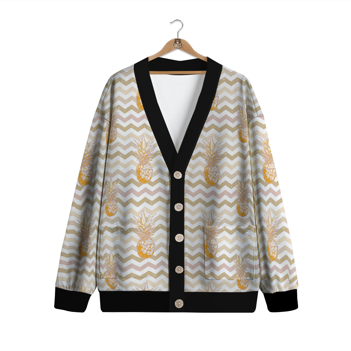 Pineapple Beige Zig Zag Print Pattern Cardigan-grizzshop