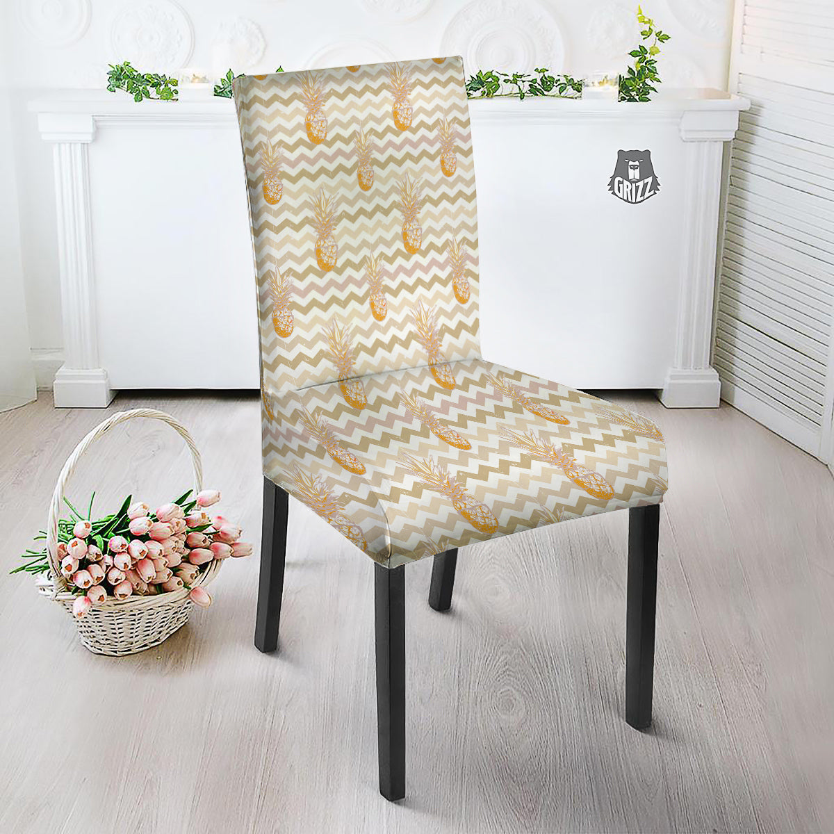 Pineapple Beige Zig Zag Print Pattern Dining Chair Slipcover-grizzshop