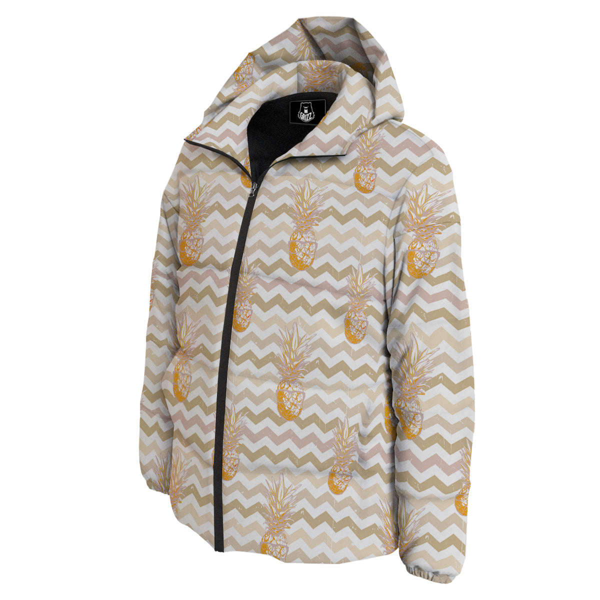 Pineapple Beige Zig Zag Print Pattern Down Jacket-grizzshop