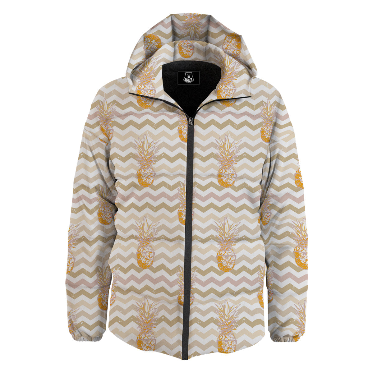 Pineapple Beige Zig Zag Print Pattern Down Jacket-grizzshop