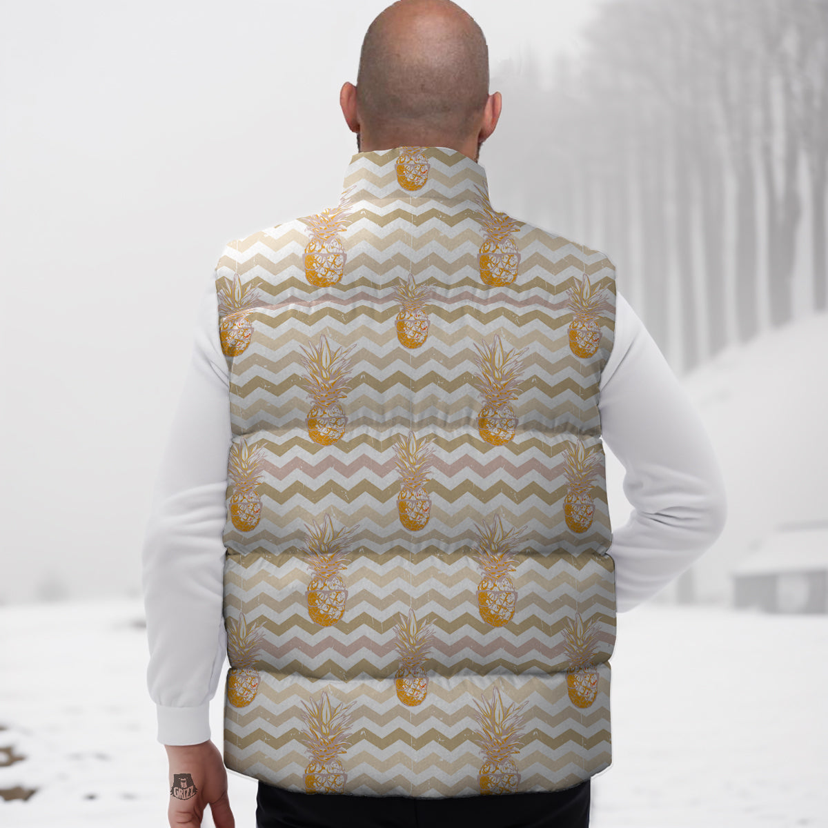 Pineapple Beige Zig Zag Print Pattern Down Vest-grizzshop