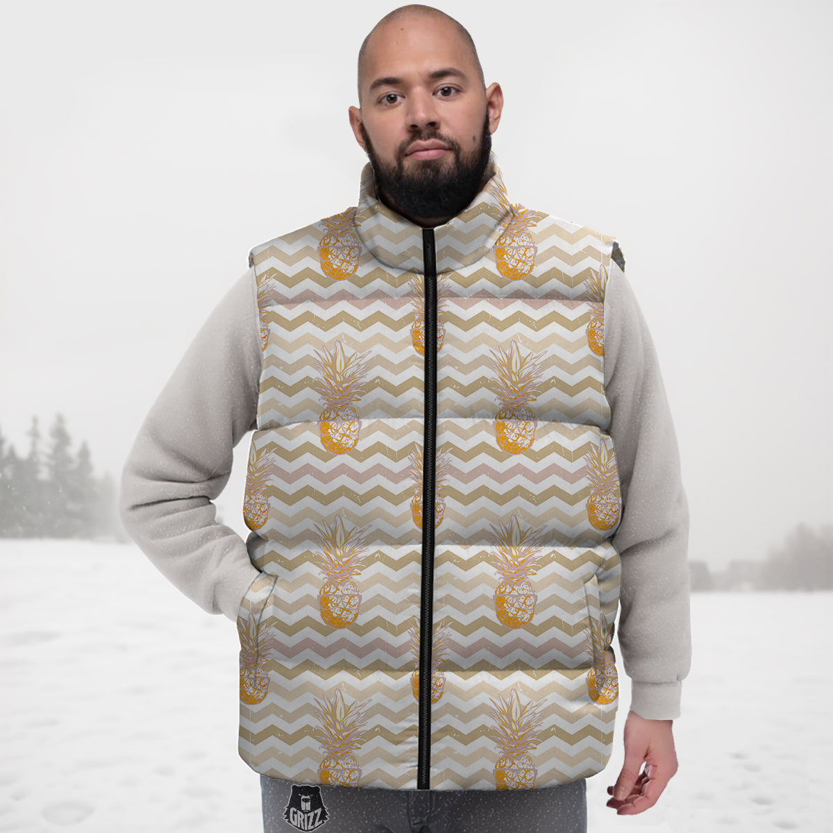 Pineapple Beige Zig Zag Print Pattern Down Vest-grizzshop