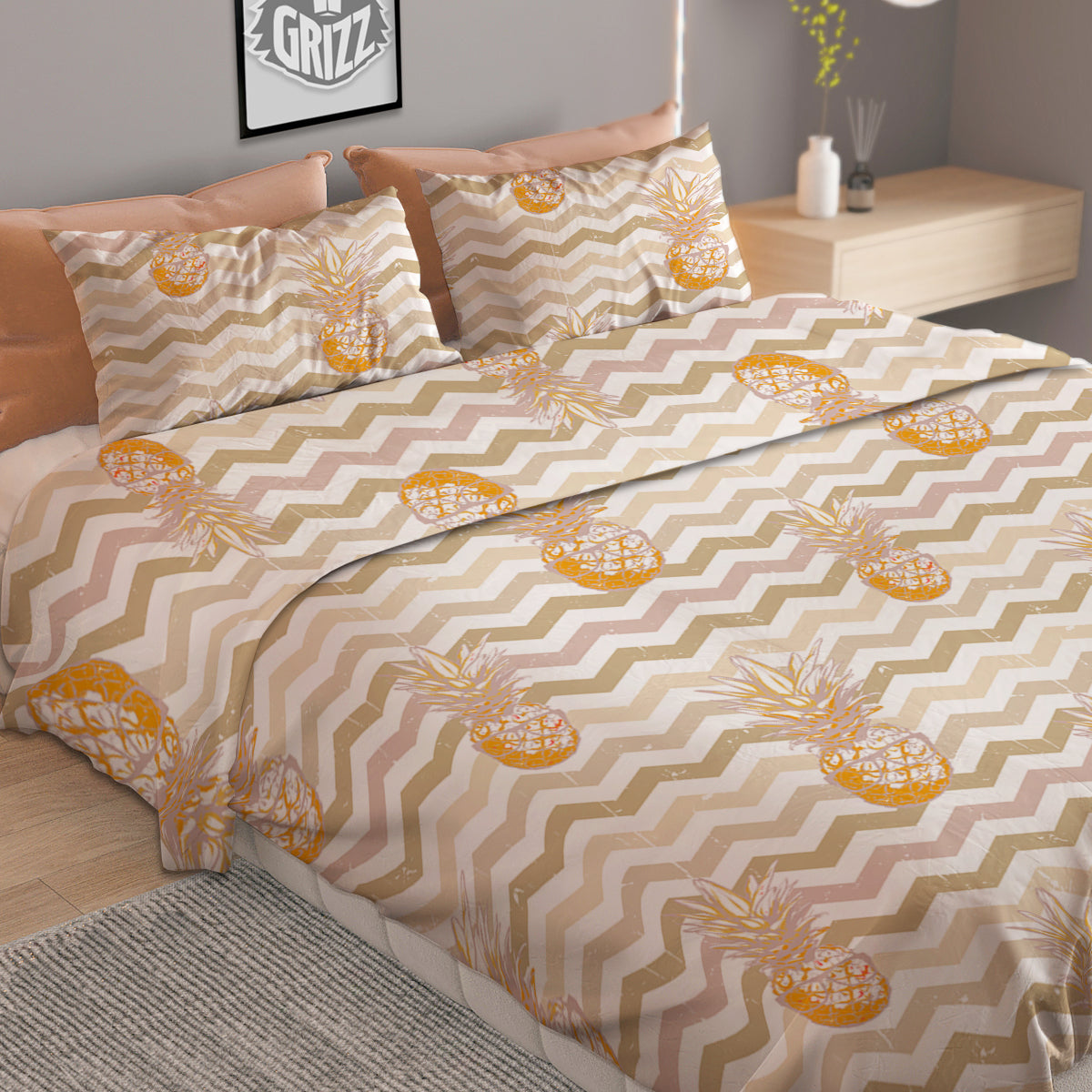 Pineapple Beige Zig Zag Print Pattern Duvet Cover Bedding Set