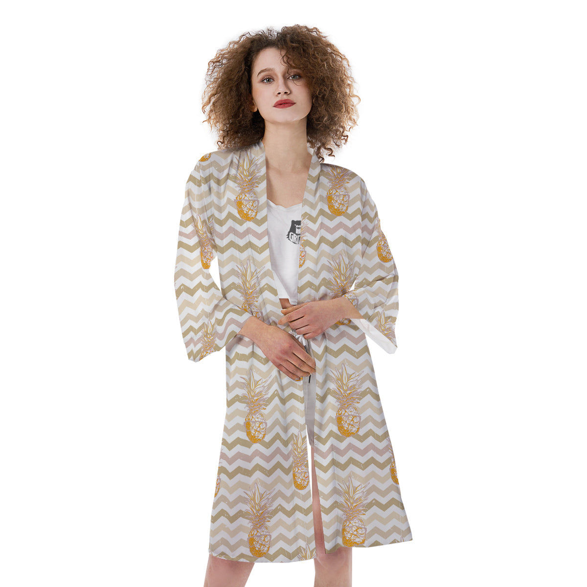Pineapple Beige Zig Zag Print Pattern Kimono-grizzshop