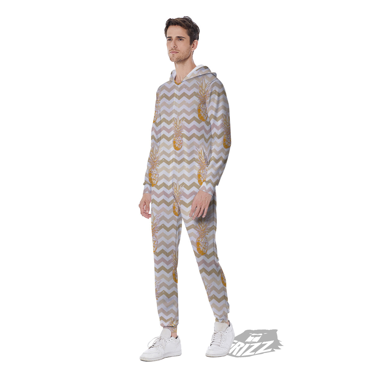Pineapple Beige Zig Zag Print Pattern Men's Jumpsuit-grizzshop