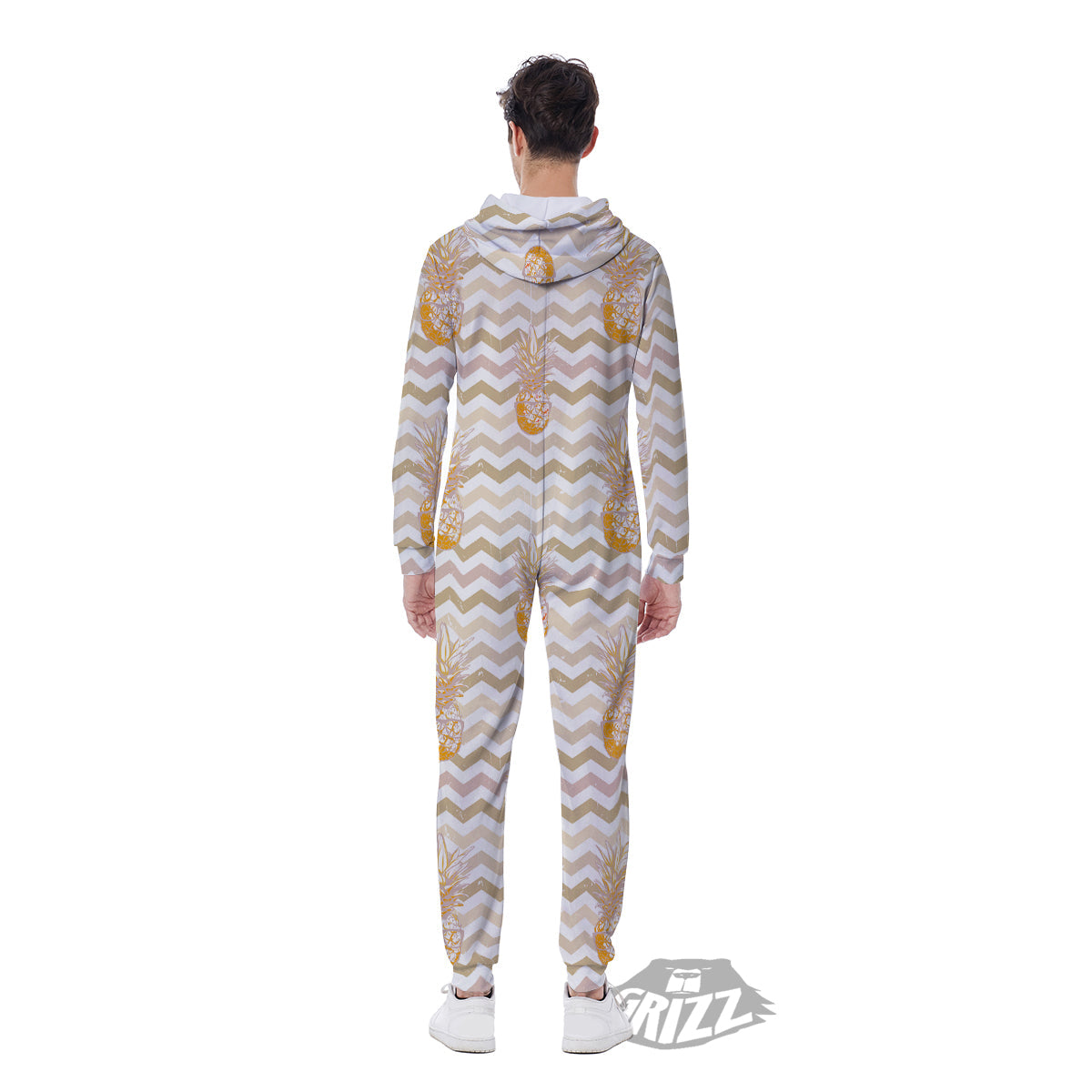 Pineapple Beige Zig Zag Print Pattern Men's Jumpsuit-grizzshop