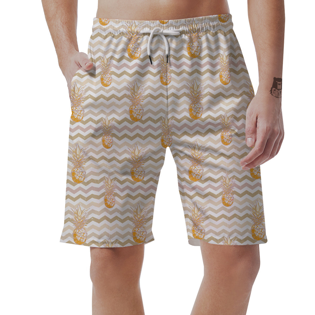 Pineapple Beige Zig Zag Print Pattern Men's Shorts-grizzshop