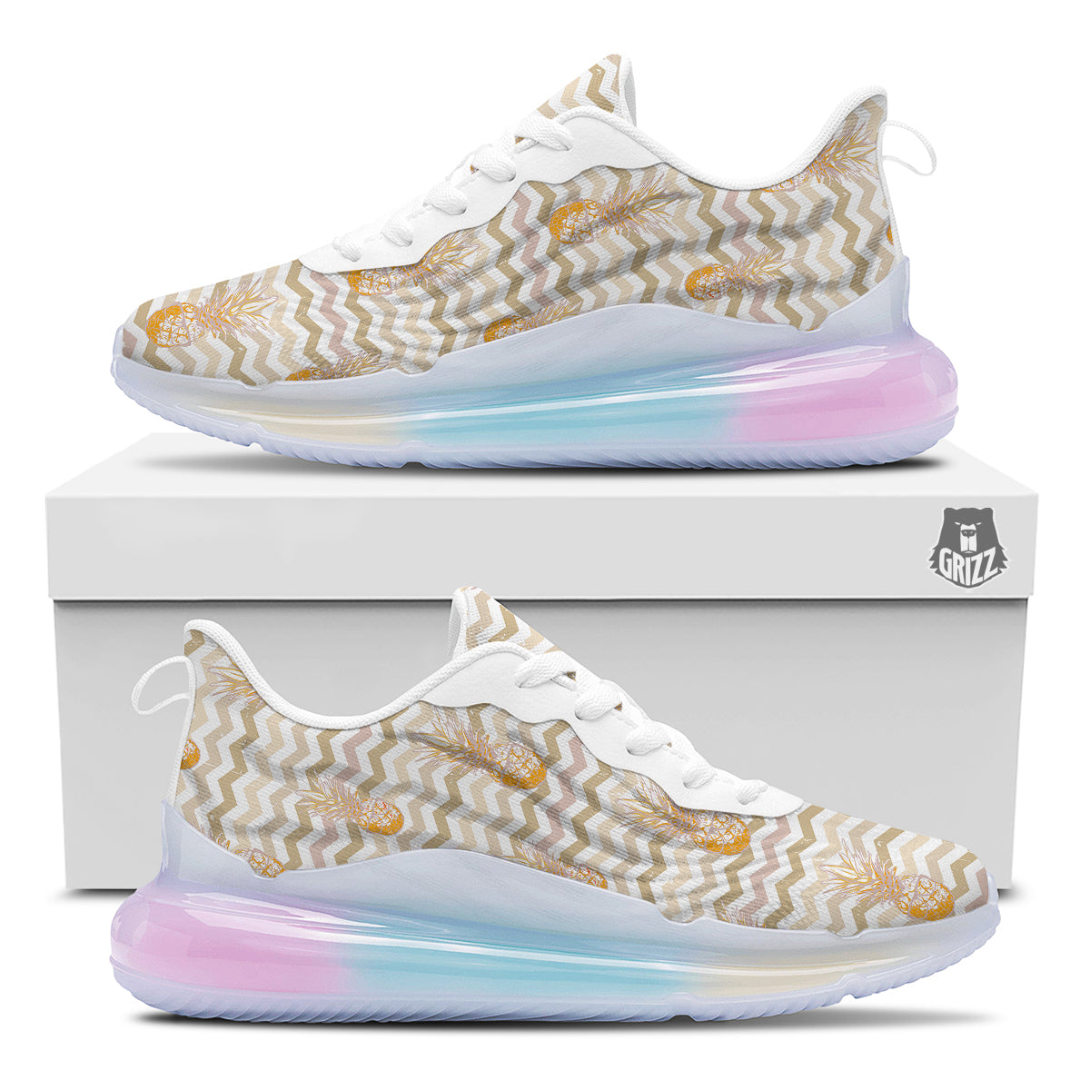 Pineapple Beige Zig Zag Print Pattern Running Sneakers-grizzshop
