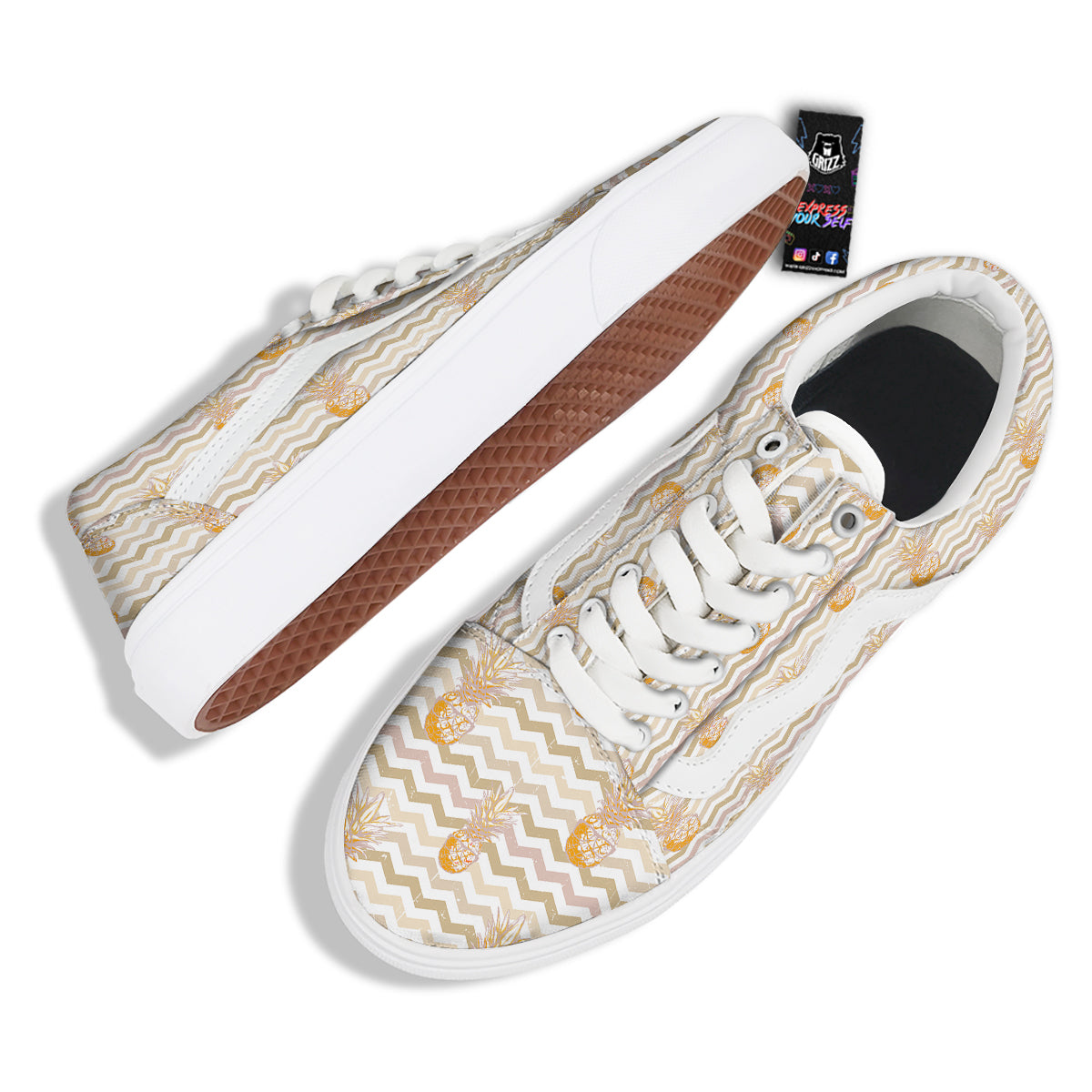 Pineapple Beige Zig Zag Print Pattern Skate Shoes-grizzshop