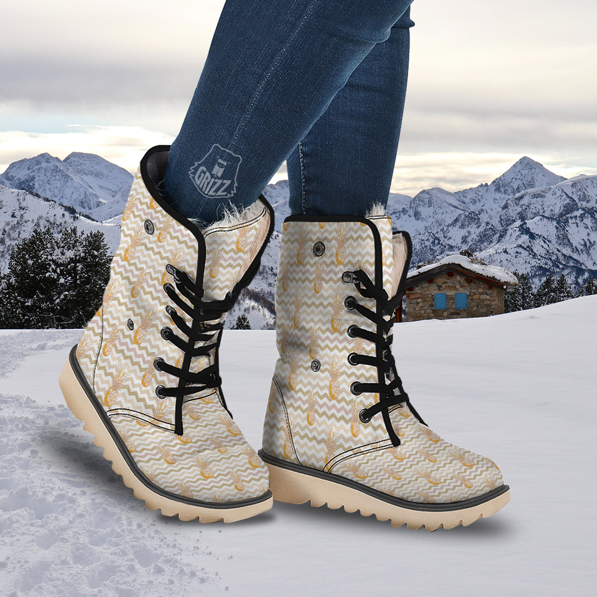 Pineapple Beige Zig Zag Print Pattern Snow Boots-grizzshop