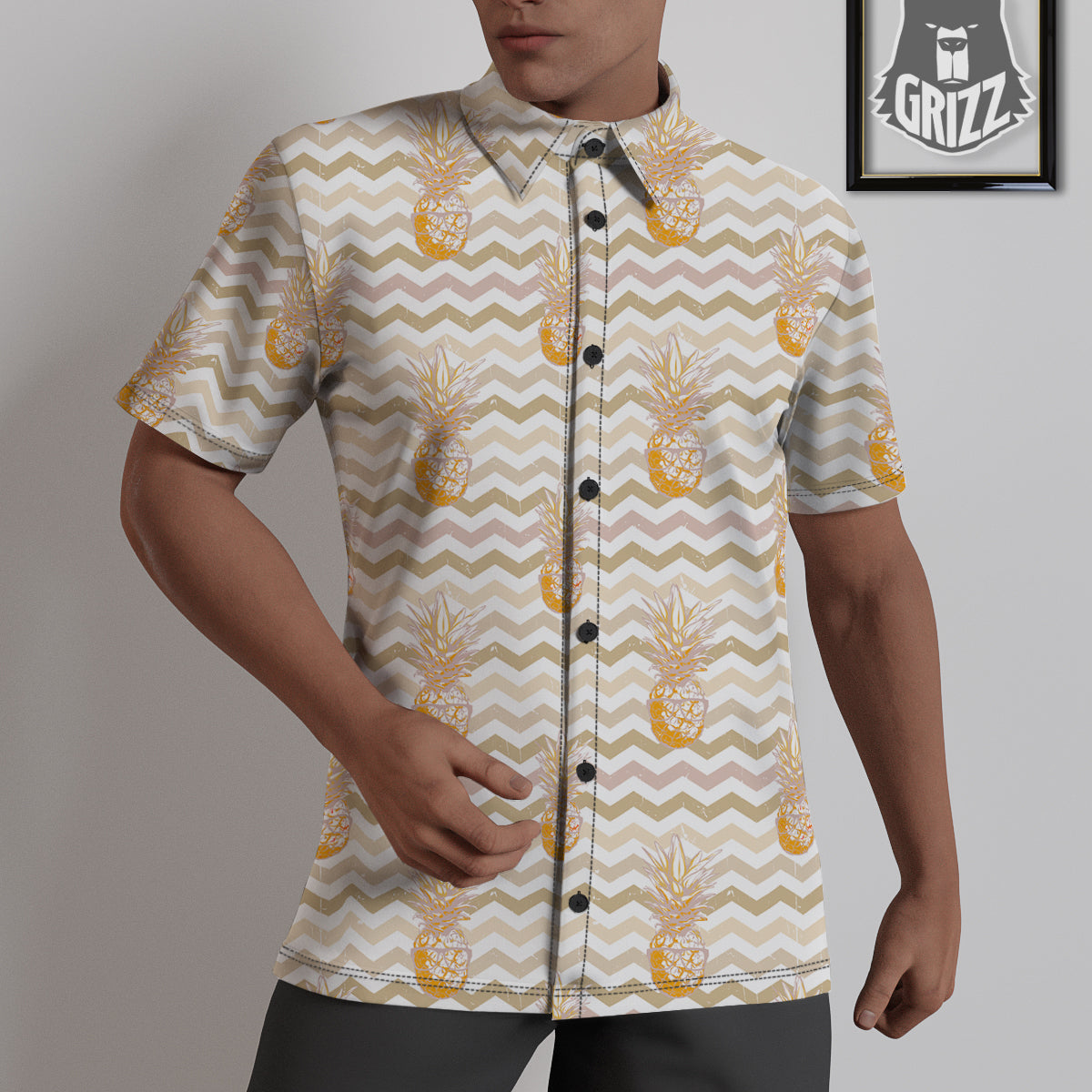 Pineapple Beige Zig Zag Print Pattern Untucked Shirts-grizzshop