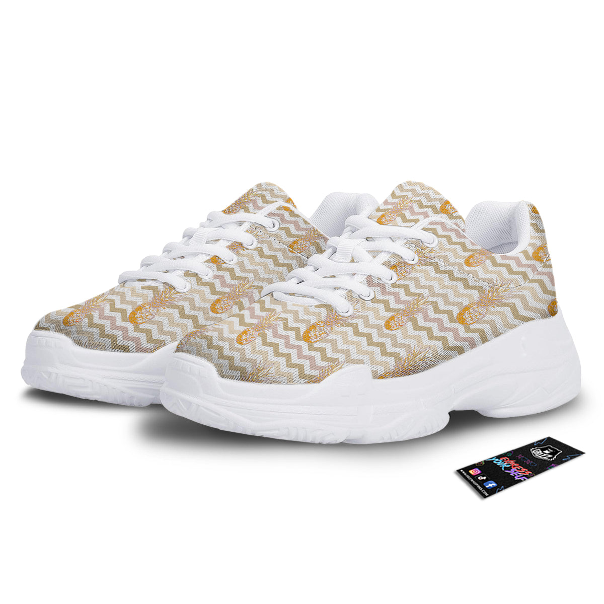 Pineapple Beige Zig Zag Print Pattern White Chunky Shoes-grizzshop