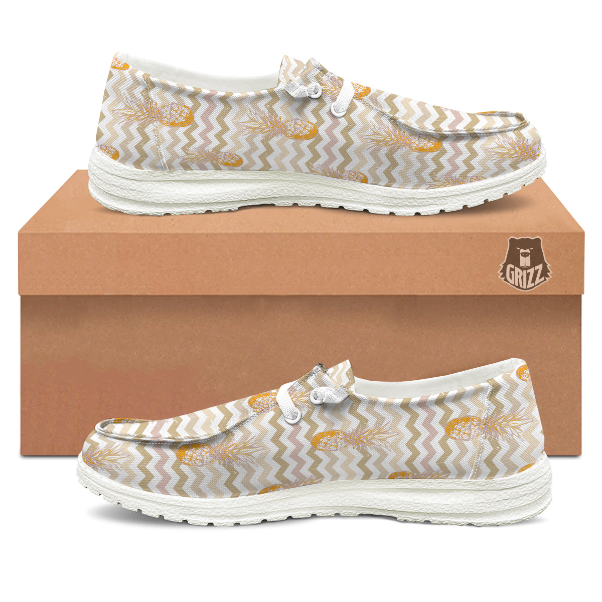 Pineapple Beige Zig Zag Print Pattern White Loafers-grizzshop