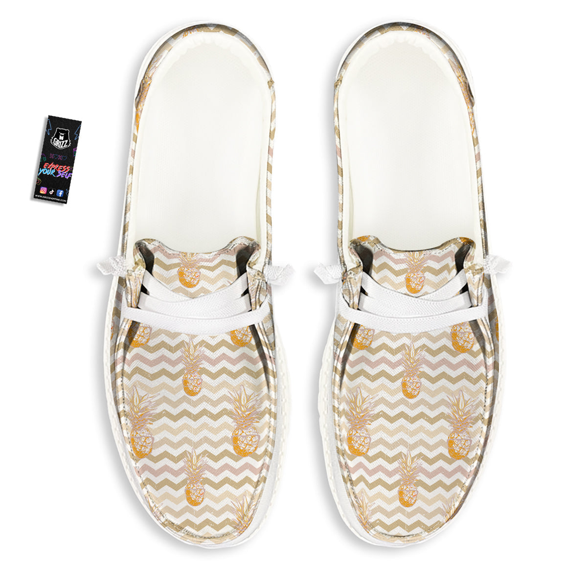 Pineapple Beige Zig Zag Print Pattern White Loafers-grizzshop