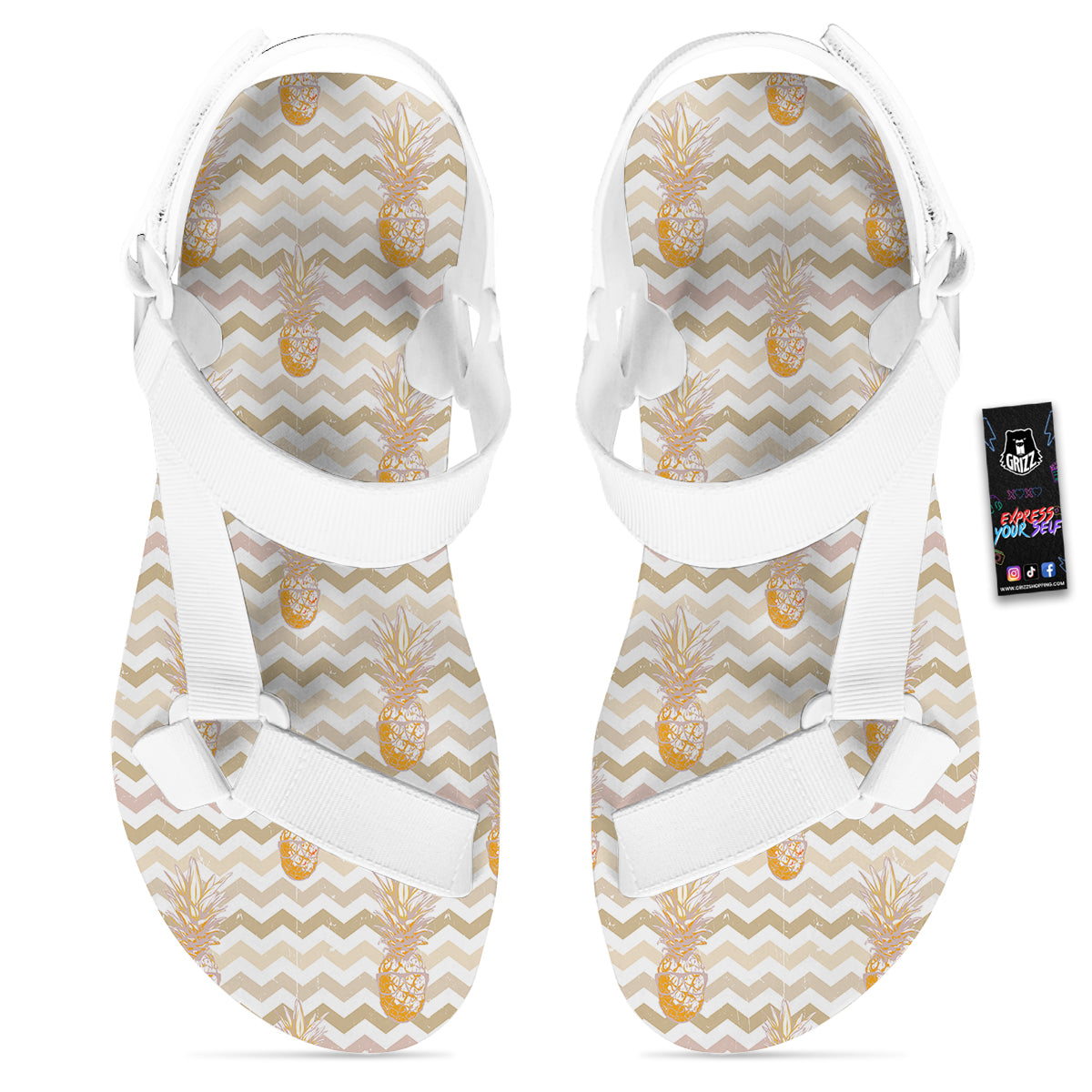 Pineapple Beige Zig Zag Print Pattern White Open Toe Sandals-grizzshop