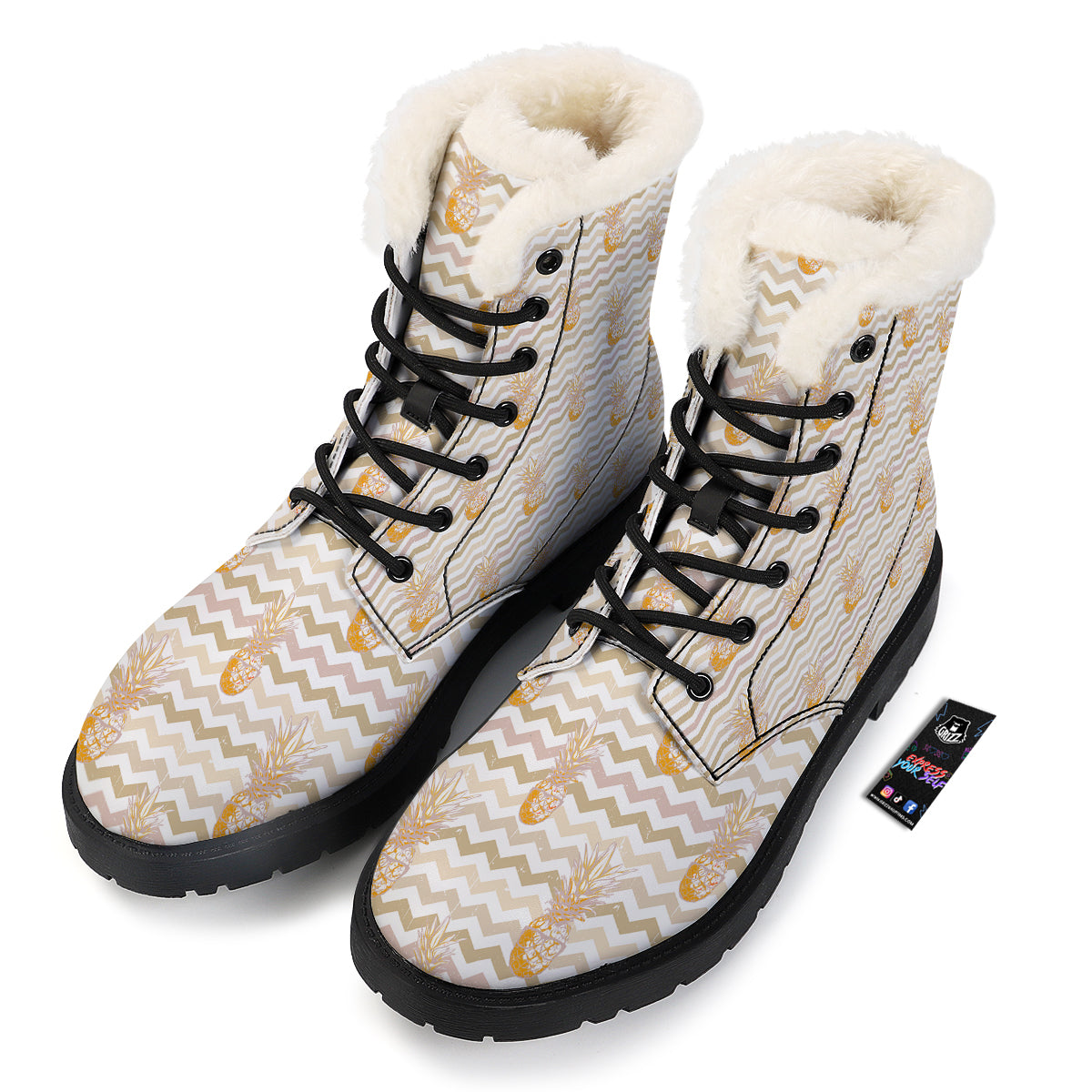 Pineapple Beige Zig Zag Print Pattern Winter Boots-grizzshop