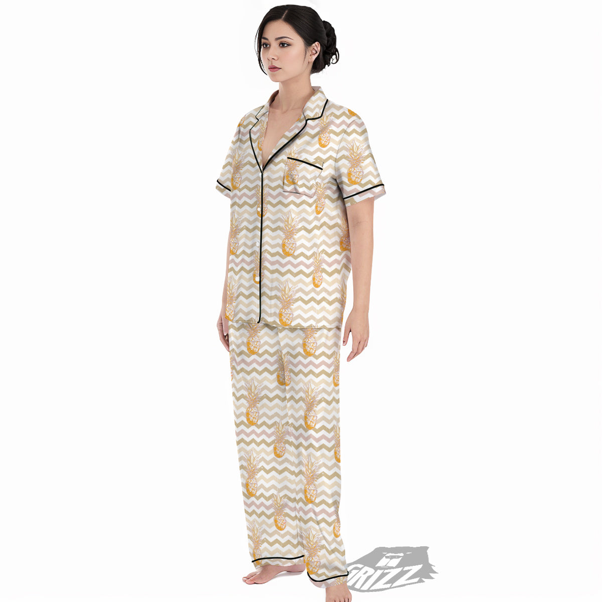 Pineapple Beige Zig Zag Print Pattern Women's Pajamas Set-grizzshop