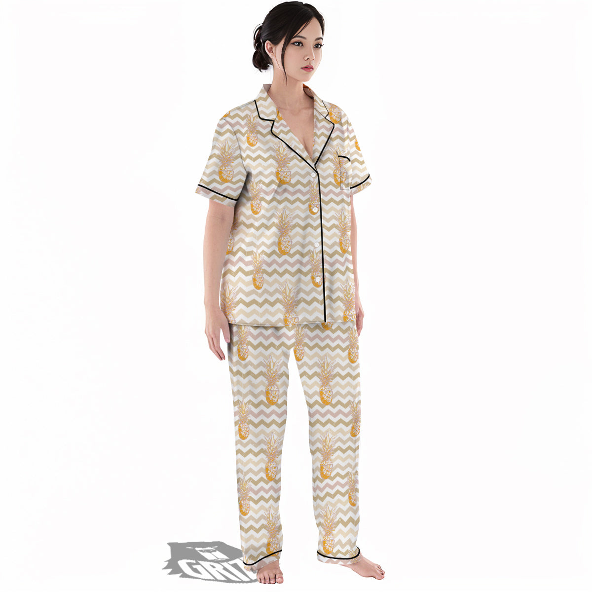 Pineapple Beige Zig Zag Print Pattern Women's Pajamas Set-grizzshop