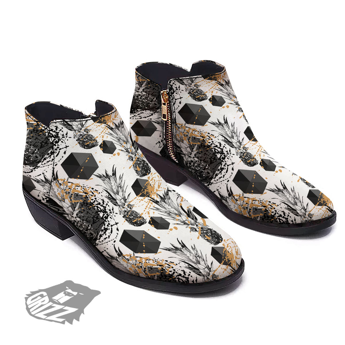 Pineapple Black Geometric Print Pattern Ankle Boots-grizzshop