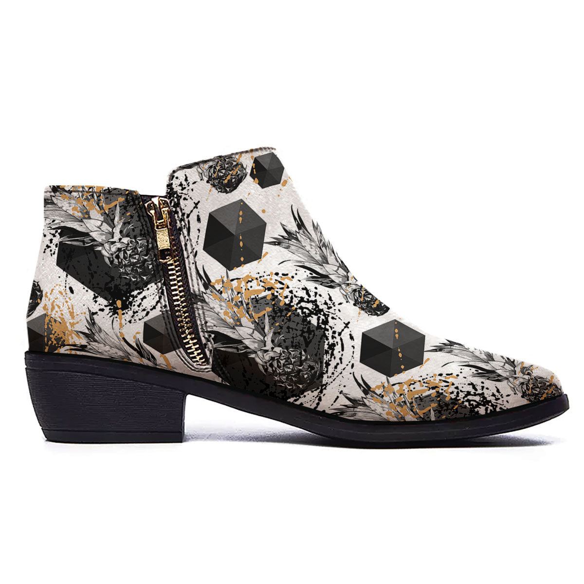 Pineapple Black Geometric Print Pattern Ankle Boots-grizzshop