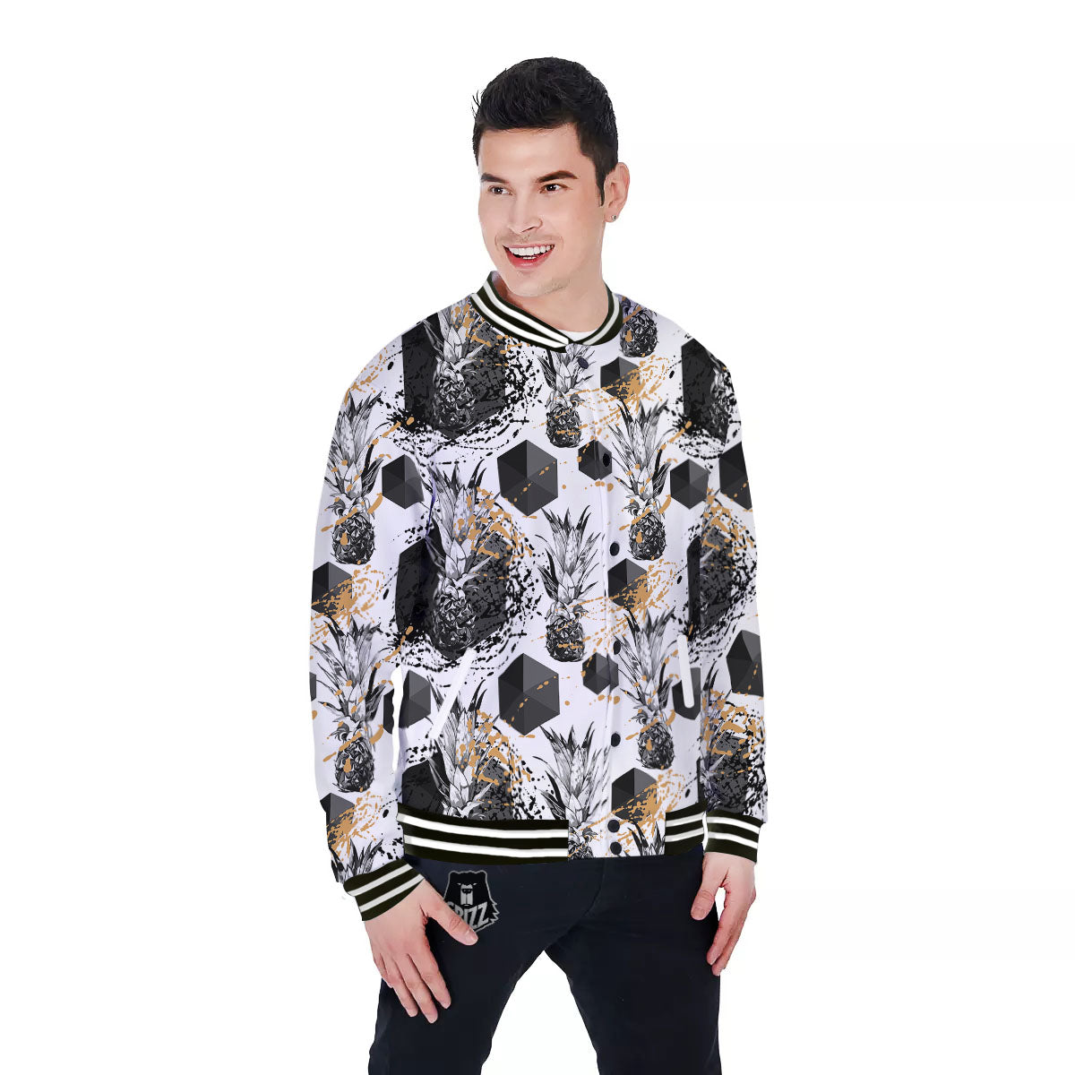 Pineapple Black Geometric Print Pattern Baseball Jacket-grizzshop