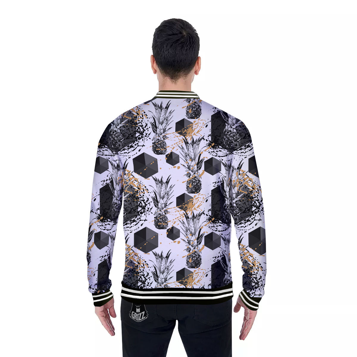 Pineapple Black Geometric Print Pattern Baseball Jacket-grizzshop