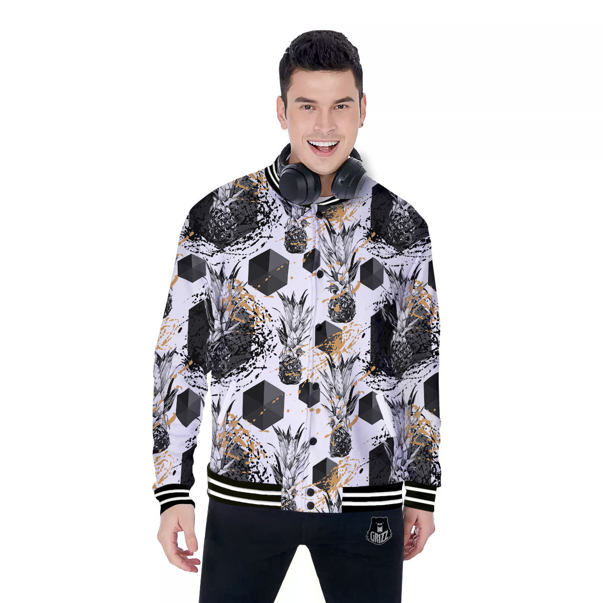 Pineapple Black Geometric Print Pattern Baseball Jacket-grizzshop