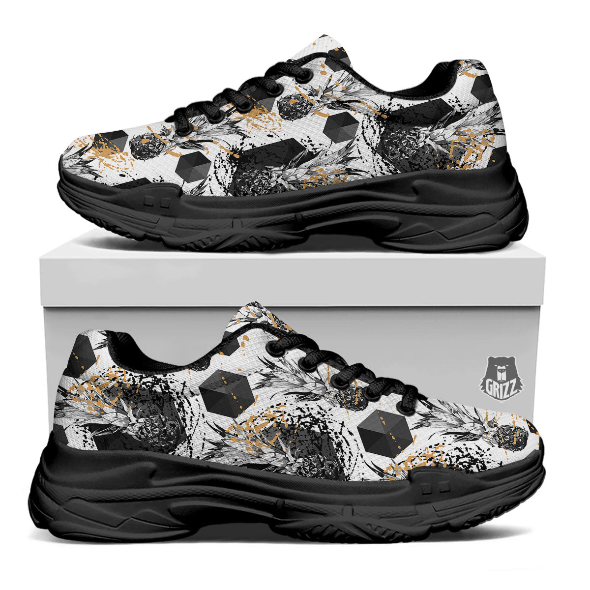 Pineapple Black Geometric Print Pattern Black Chunky Shoes-grizzshop