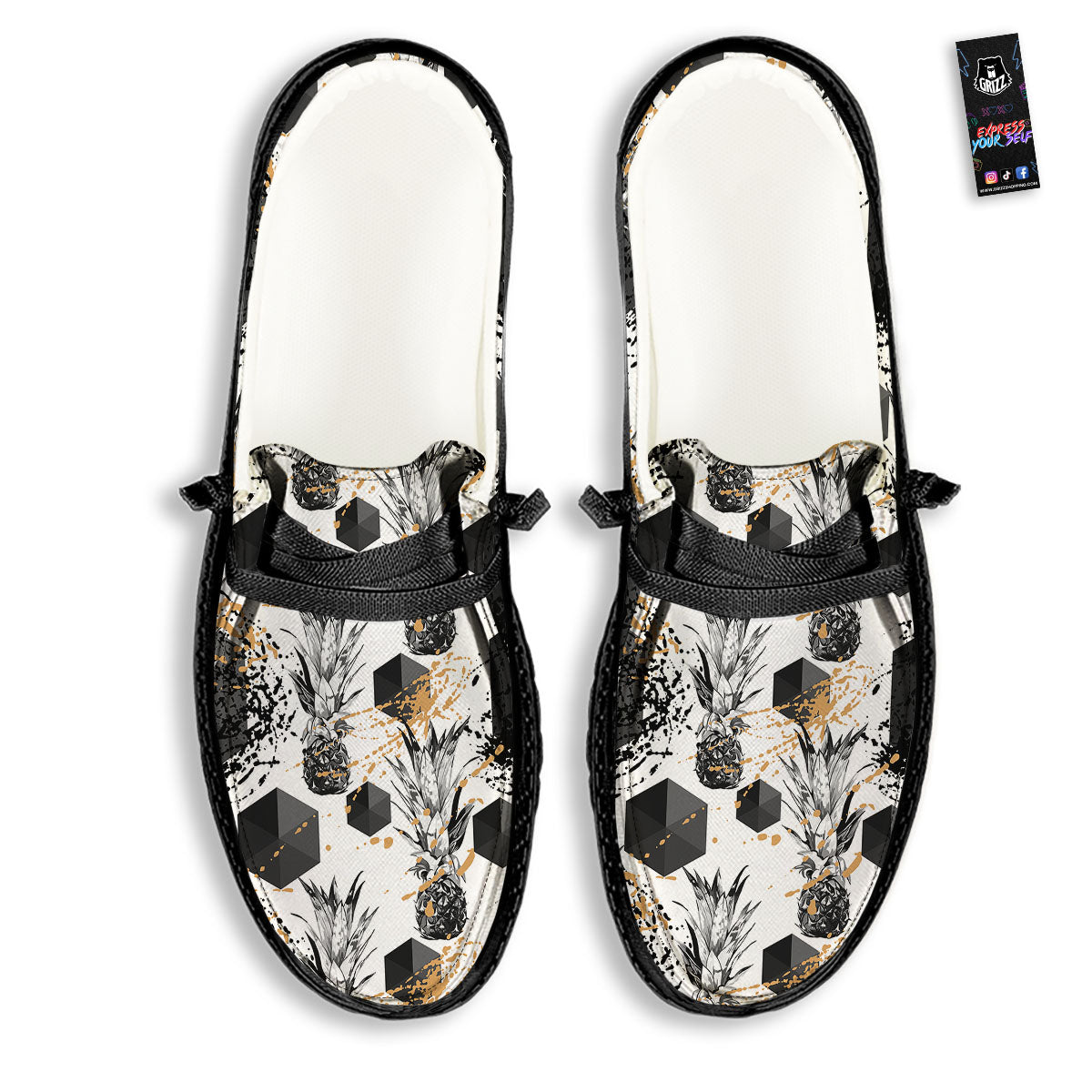 Pineapple Black Geometric Print Pattern Black Loafers-grizzshop