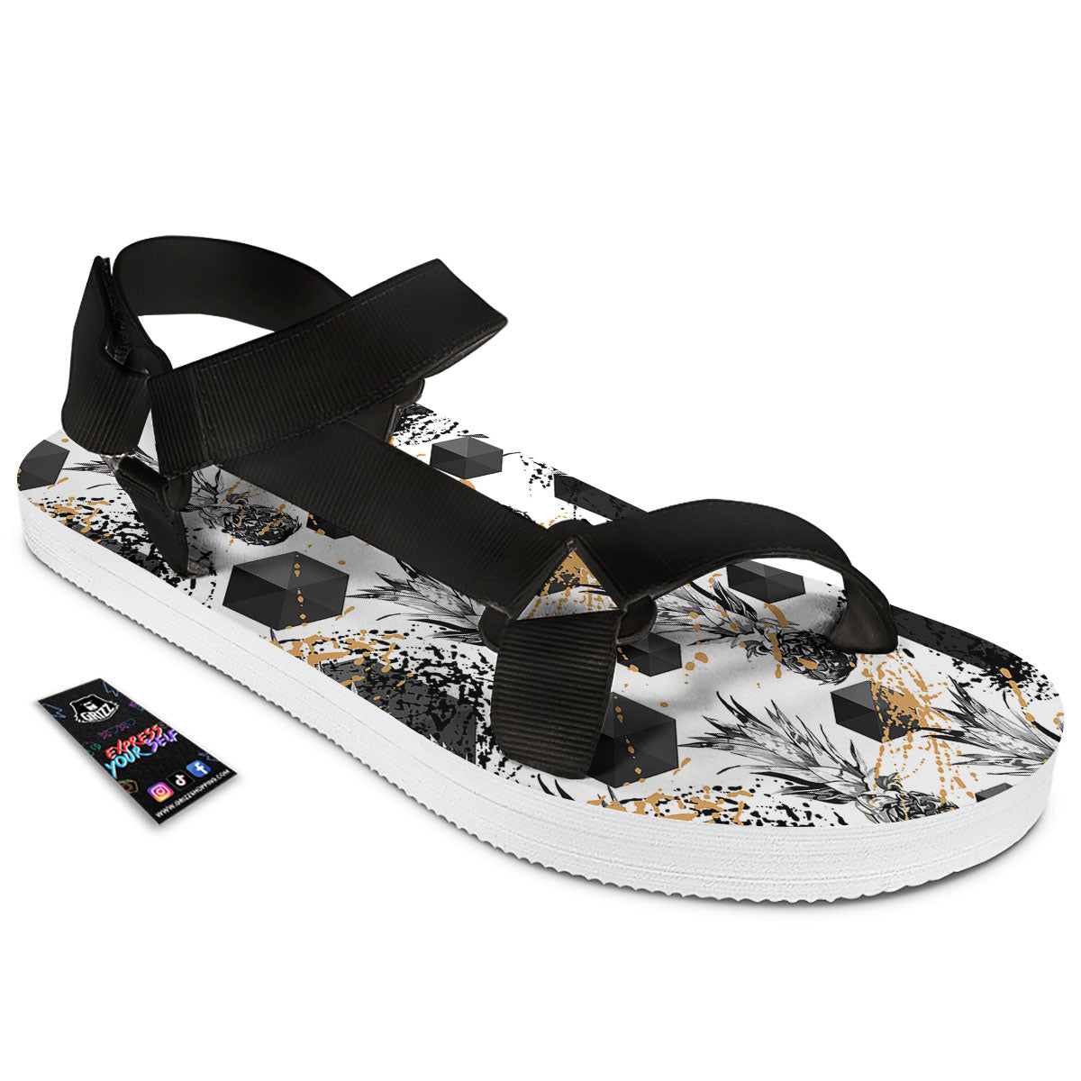 Pineapple Black Geometric Print Pattern Black Open Toe Sandals-grizzshop