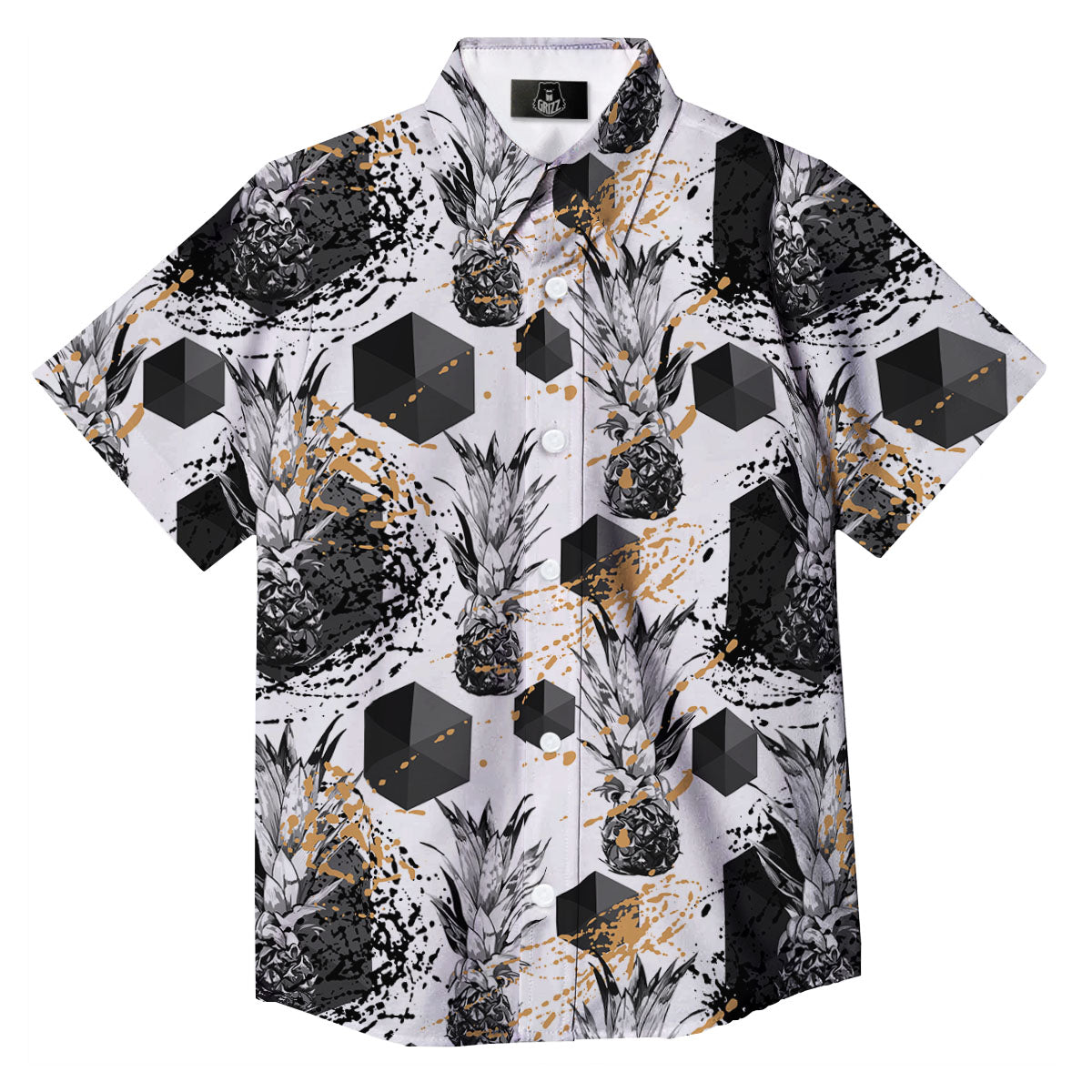 Pineapple Black Geometric Print Pattern Button Up Shirt-grizzshop