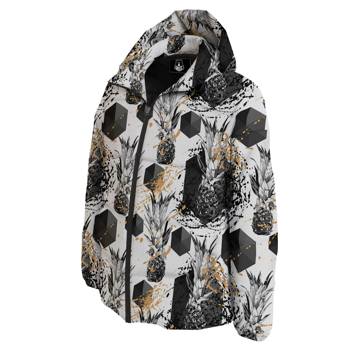 Pineapple Black Geometric Print Pattern Down Jacket-grizzshop