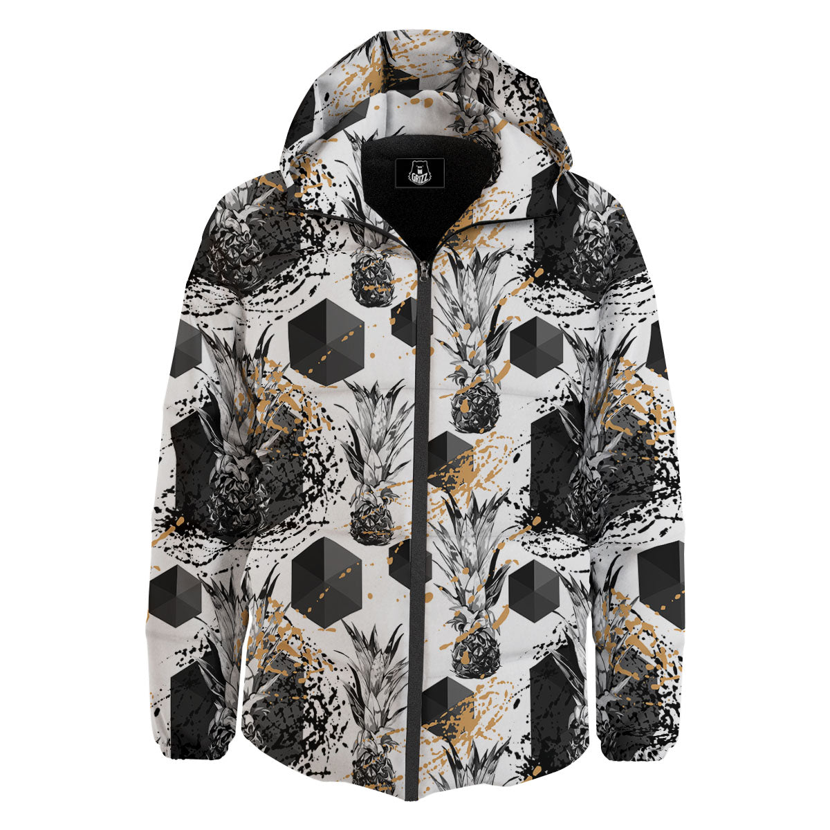 Pineapple Black Geometric Print Pattern Down Jacket-grizzshop