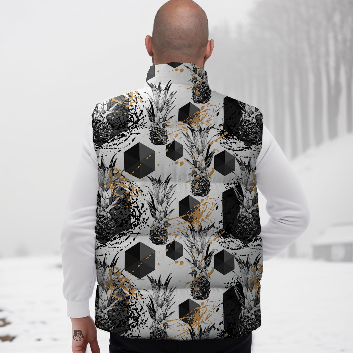 Pineapple Black Geometric Print Pattern Down Vest-grizzshop