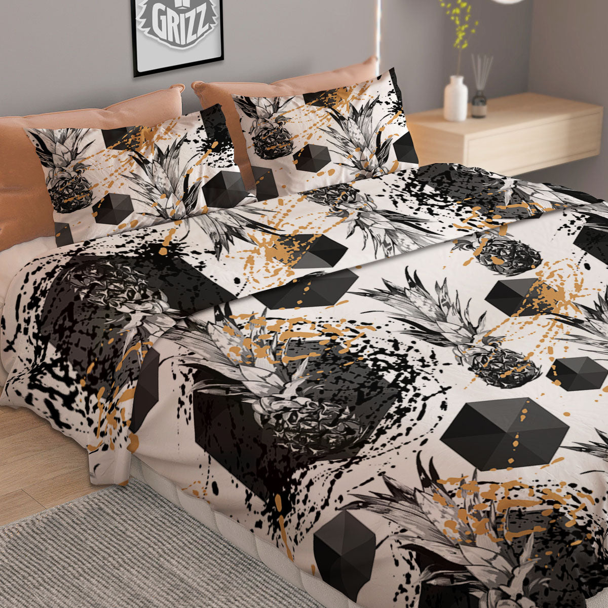 Pineapple Black Geometric Print Pattern Duvet Cover Bedding Set