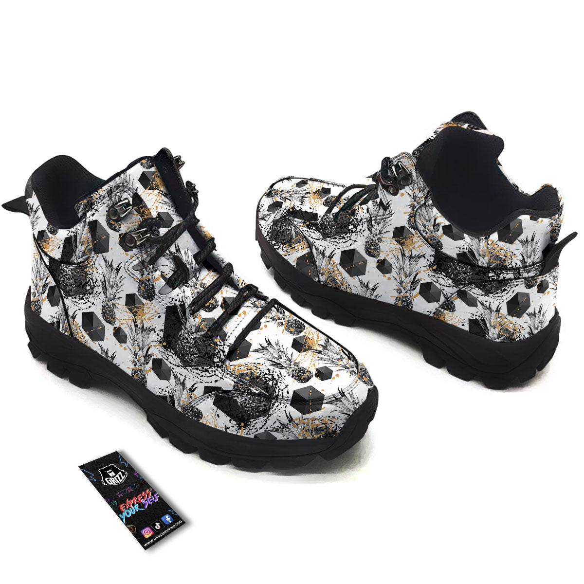 Pineapple Black Geometric Print Pattern Hiking Shoes-grizzshop