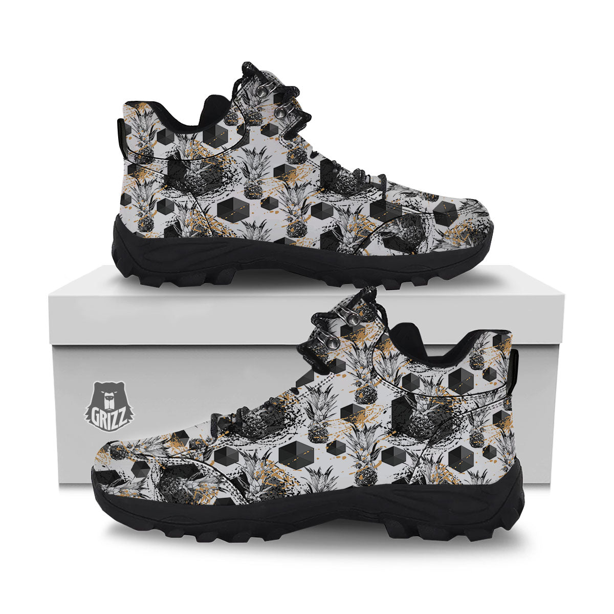 Pineapple Black Geometric Print Pattern Hiking Shoes-grizzshop