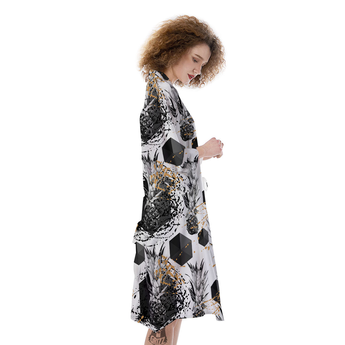 Pineapple Black Geometric Print Pattern Kimono-grizzshop