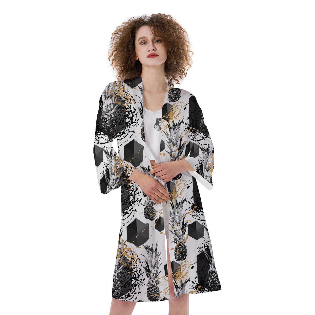 Pineapple Black Geometric Print Pattern Kimono-grizzshop
