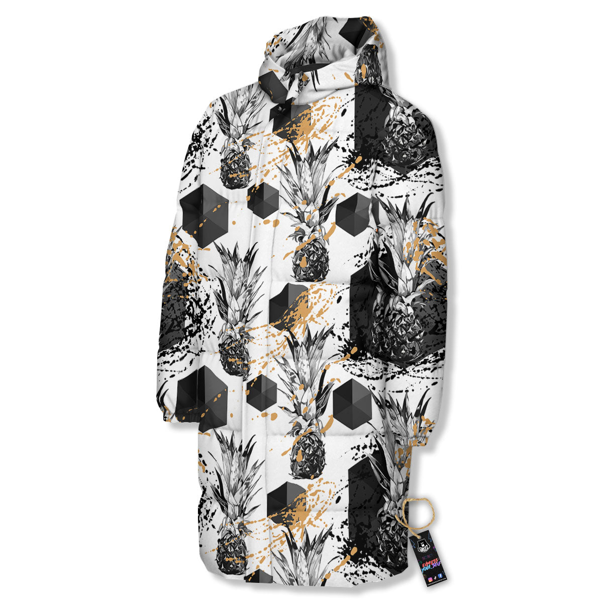 Pineapple Black Geometric Print Pattern Long Down Jacket-grizzshop