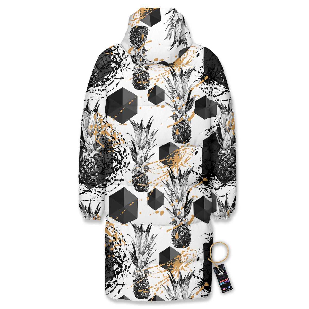 Pineapple Black Geometric Print Pattern Long Down Jacket-grizzshop