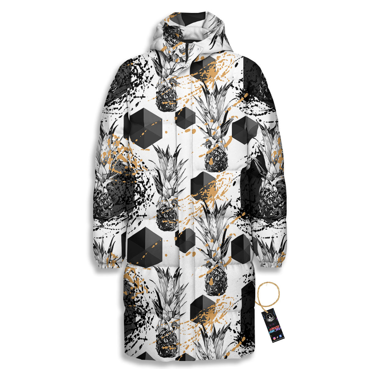 Pineapple Black Geometric Print Pattern Long Down Jacket-grizzshop