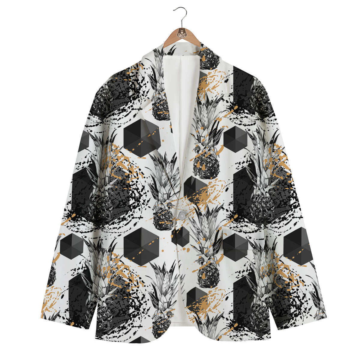 Pineapple Black Geometric Print Pattern Men's Blazer-grizzshop