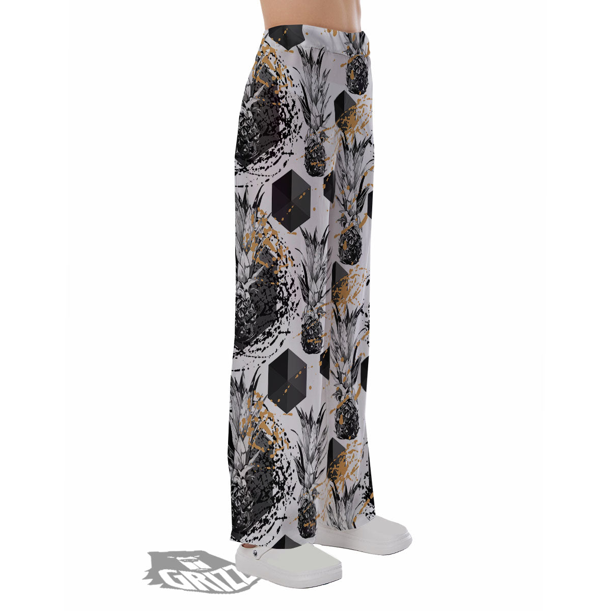 Pineapple Black Geometric Print Pattern Pajama Pants-grizzshop