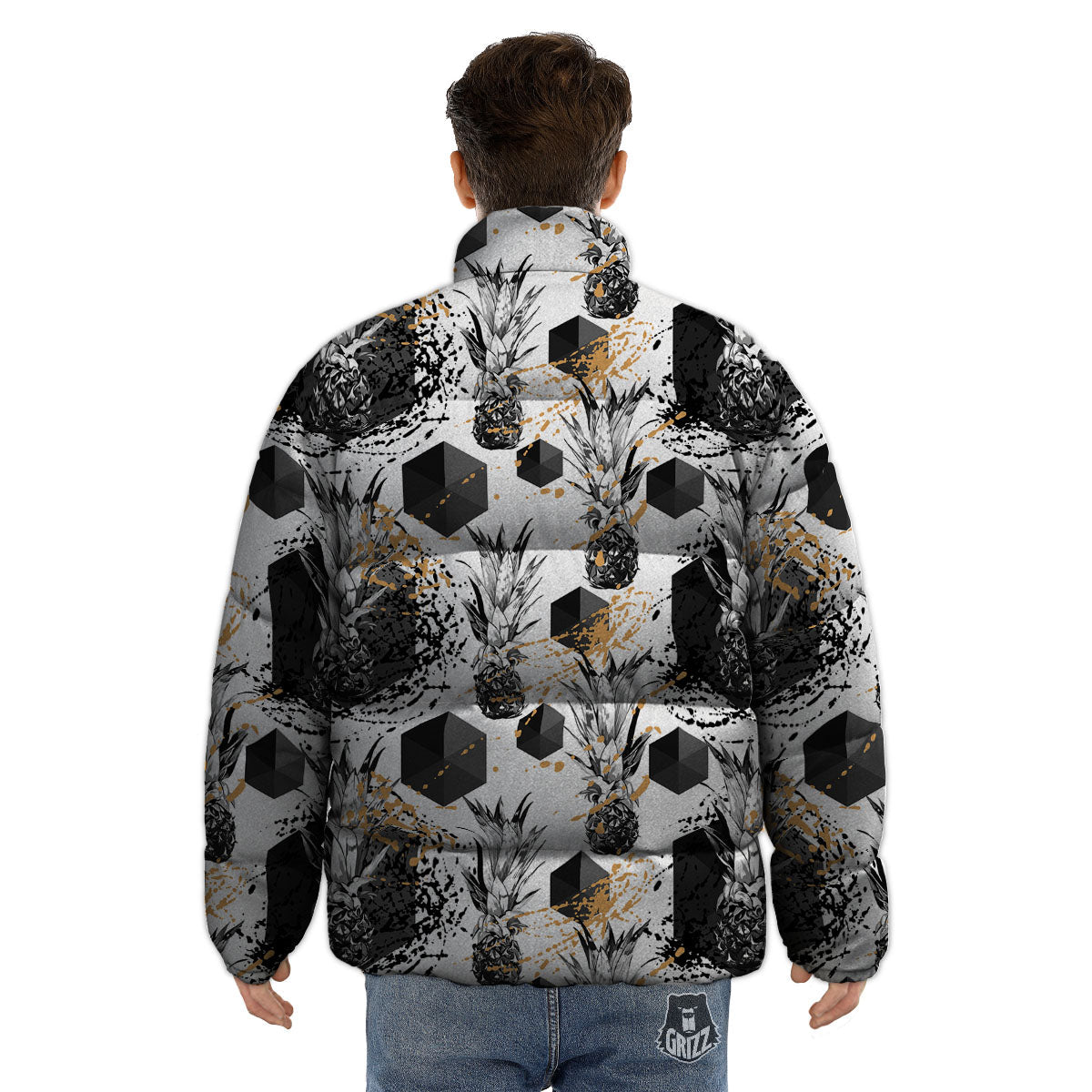 Pineapple Black Geometric Print Pattern Puffer Jacket-grizzshop